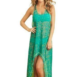 Maaji mesh teal green tropical leaf halter hi lo coverup tank dress womens L